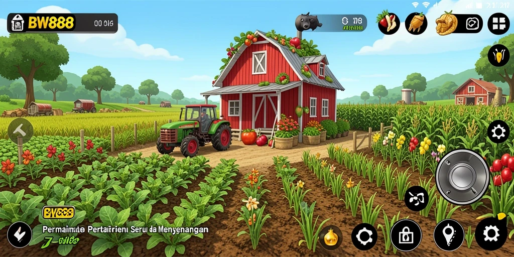 Tangkapan layar gameplay BW888 menampilkan ladang pertanian yang hijau dan subur.