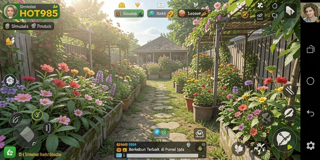 Tampilan gameplay HOT985 dengan ladang yang subur dan tanaman yang berkembang.