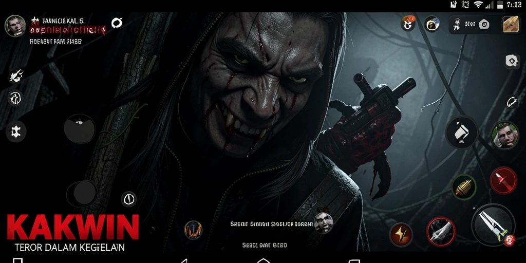 Screenshot gameplay KAKWIN menampilkan suasana mencekam dan karakter menyeramkan.